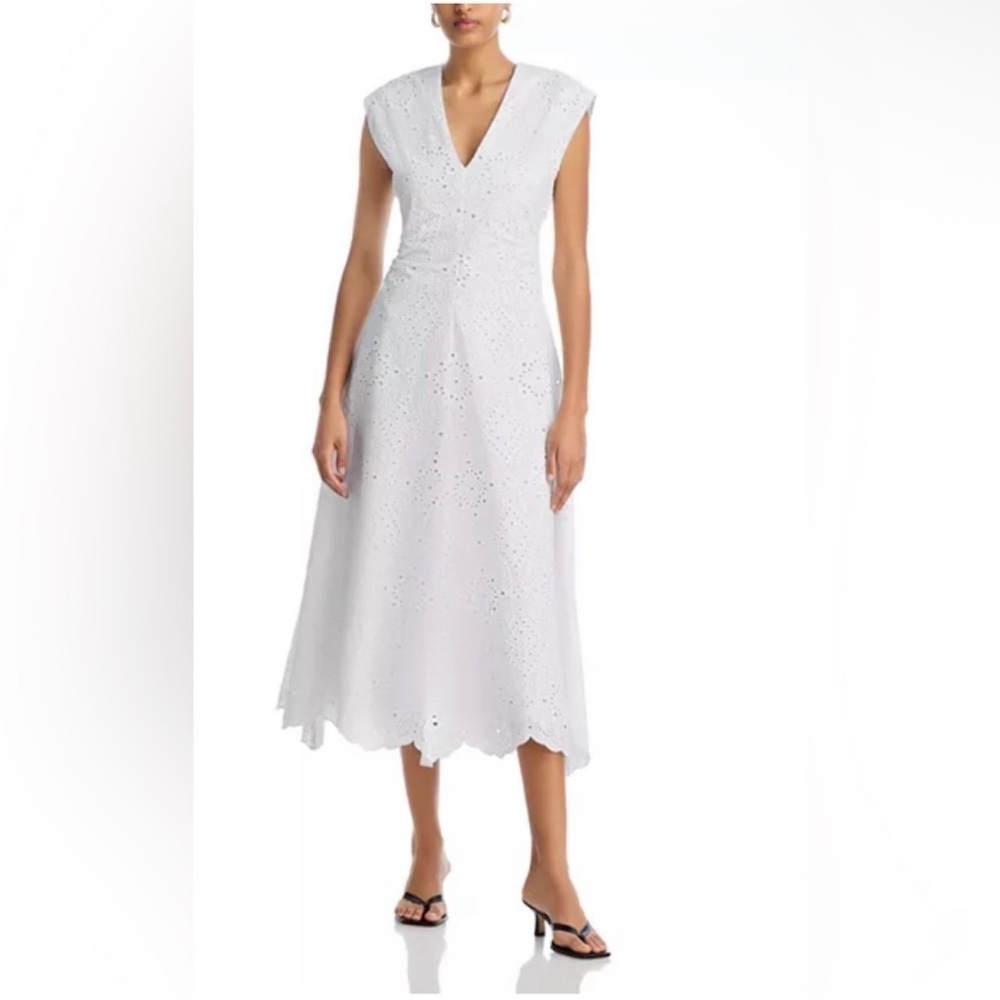 Veronica Beard White Eyelet V-Neck Midi Dress with Scalloped Hem NWT
